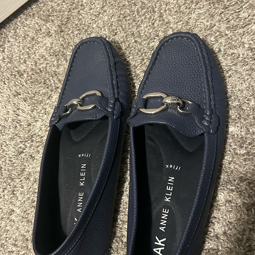 Anne Klein Navy Loafers with Silver Buckle